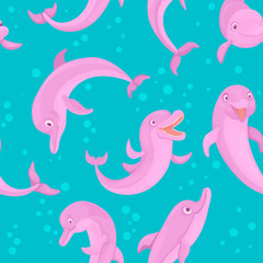 Bright dolphins are smiling. Vector seamless pattern of fish and bubbles.