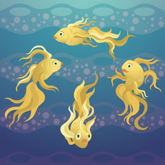 Goldfishes swim in sea waves. Blue water and yellow small fishes with bubbles. Vector pattern