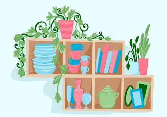Kitchen shelf with dishes. Cute design. Vector illustration