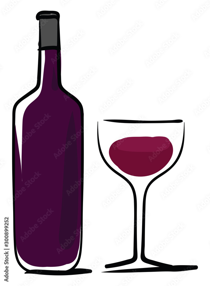 Sticker Wine bottle with glass, illustration, vector on white background.