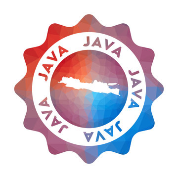 Java low poly logo. Colorful gradient travel logo of the island in geometric style. Multicolored polygonal Java rounded sign with map for your infographics.