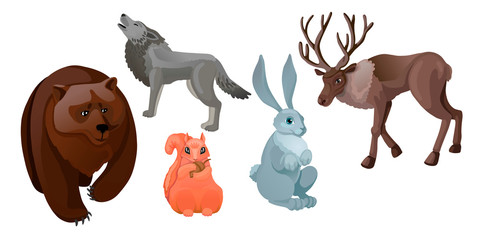 Set of various forest wild animals. Vector characters