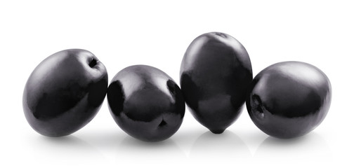 Delicious black olives, isolated on white background