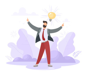 A male businessman rejoices and is satisfied with a new idea. Vector illustration in flat style.