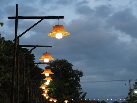 Fototapeta Bamboo lanterns Hanging at night, Bamboo lanterns, Vintage lantern.