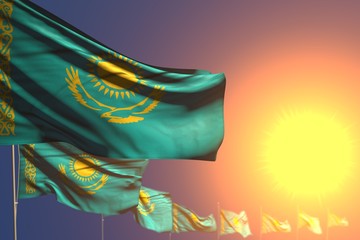 beautiful many Kazakhstan flags on sunset placed diagonal with bokeh and place for your text - any celebration flag 3d illustration..