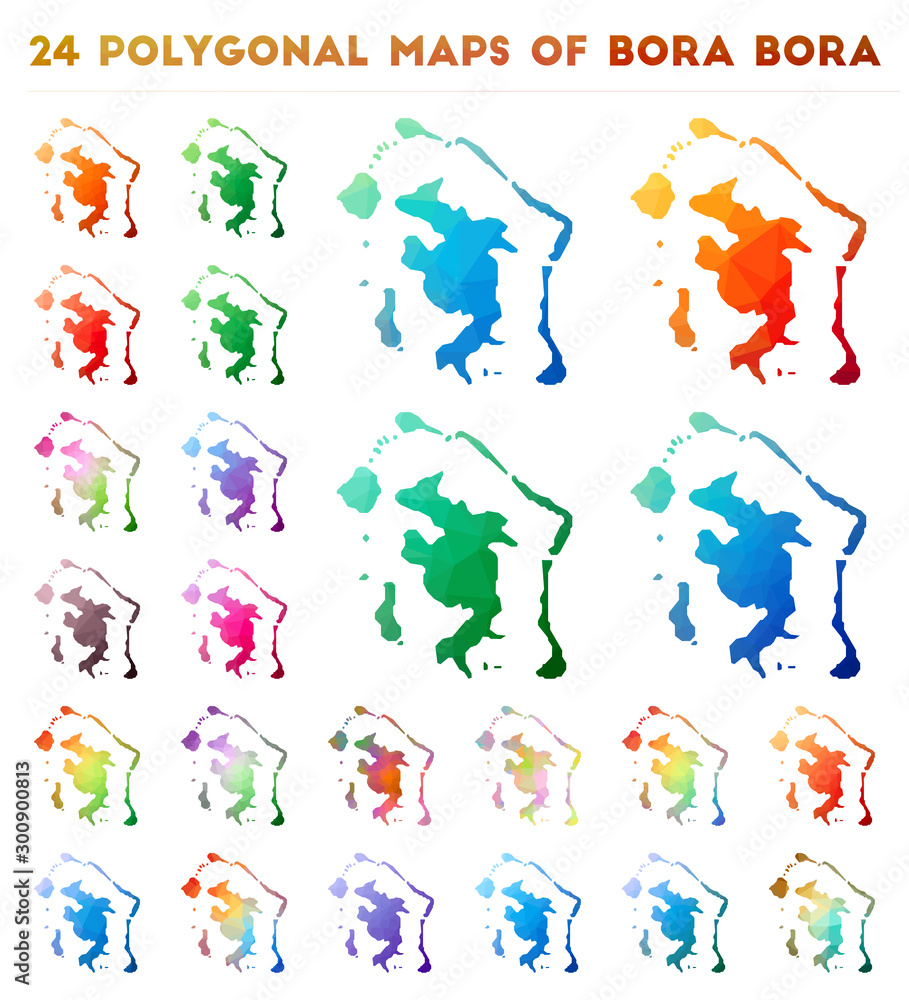 Poster set of vector polygonal maps of bora bora. bright gradient map of island in low poly style. multicol
