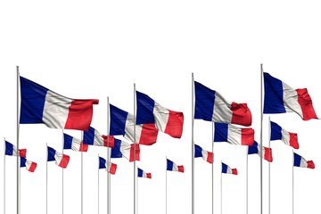 pretty many France flags in a row isolated on white with free place for your content - any feast flag 3d illustration..