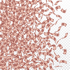 Russian ruble notes falling. Small RUB bills on tr