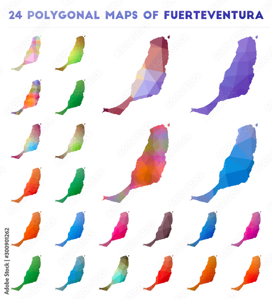 Poster set of vector polygonal maps of fuerteventura. bright gradient map of the island in low poly style. 