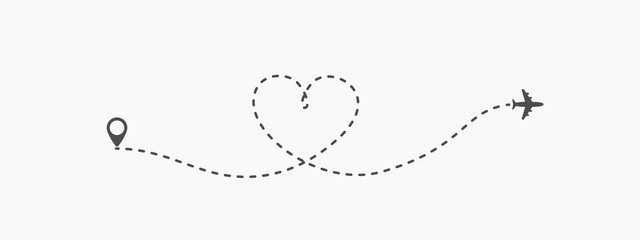 Love travel route icon in transparent style. Airplane line path vector illustration on isolated background. Dash line trace business concept.