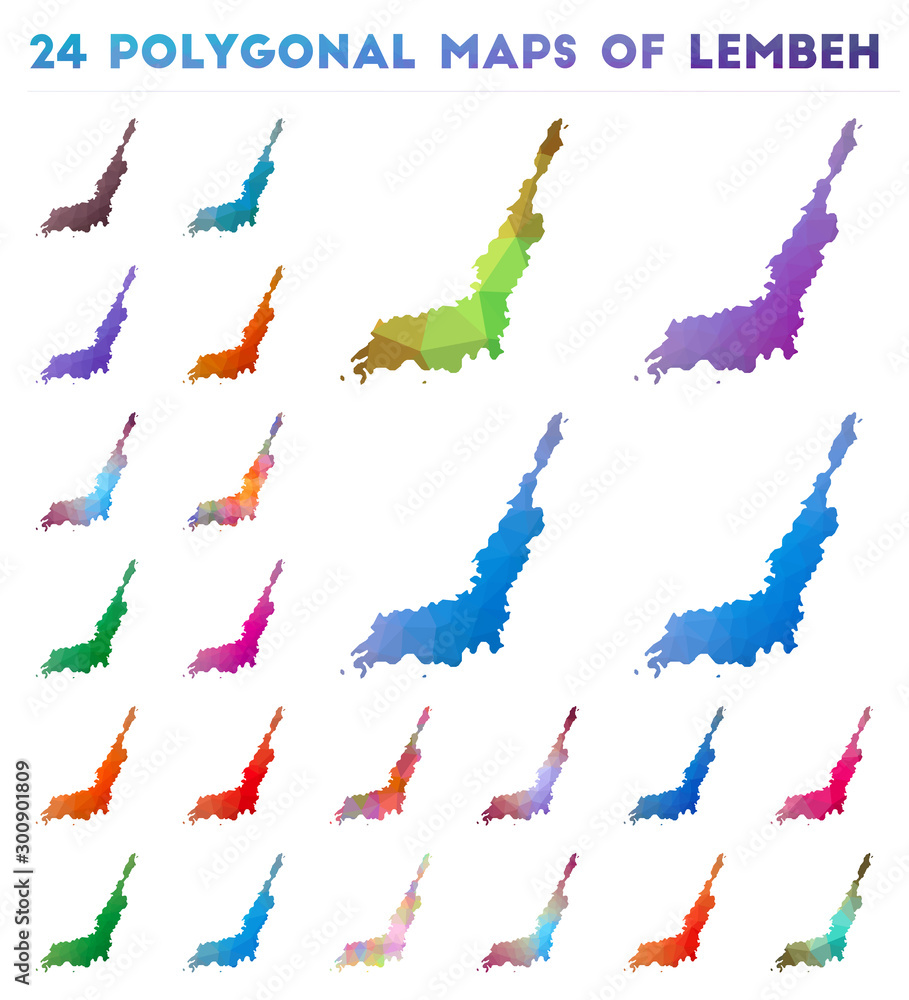 Poster set of vector polygonal maps of lembeh. bright gradient map of island in low poly style. multicolore
