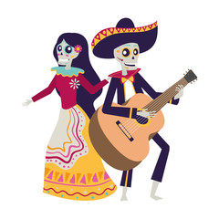 catrina and mariachi skulls dancing and playing guitar