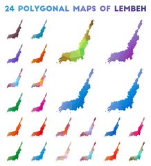 Set of vector polygonal maps of Lembeh. Bright gradient map of island in low poly style. Multicolored Lembeh map in geometric style for your infographics.