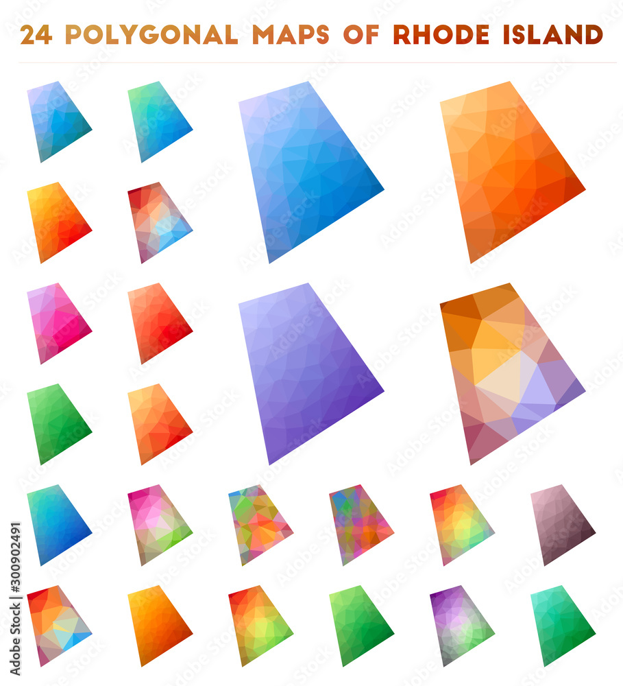 Poster set of vector polygonal maps of rhode island. bright gradient map of us state in low poly style. mul
