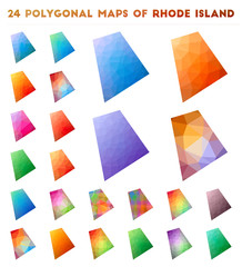 Set of vector polygonal maps of Rhode Island. Bright gradient map of US state in low poly style. Multicolored Rhode Island map in geometric style for your infographics.