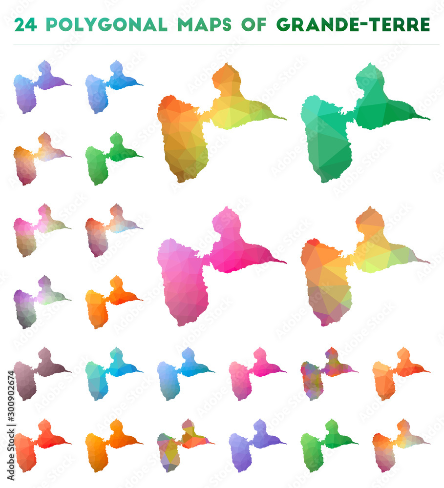 Poster set of vector polygonal maps of grande-terre. bright gradient map of island in low poly style. multi