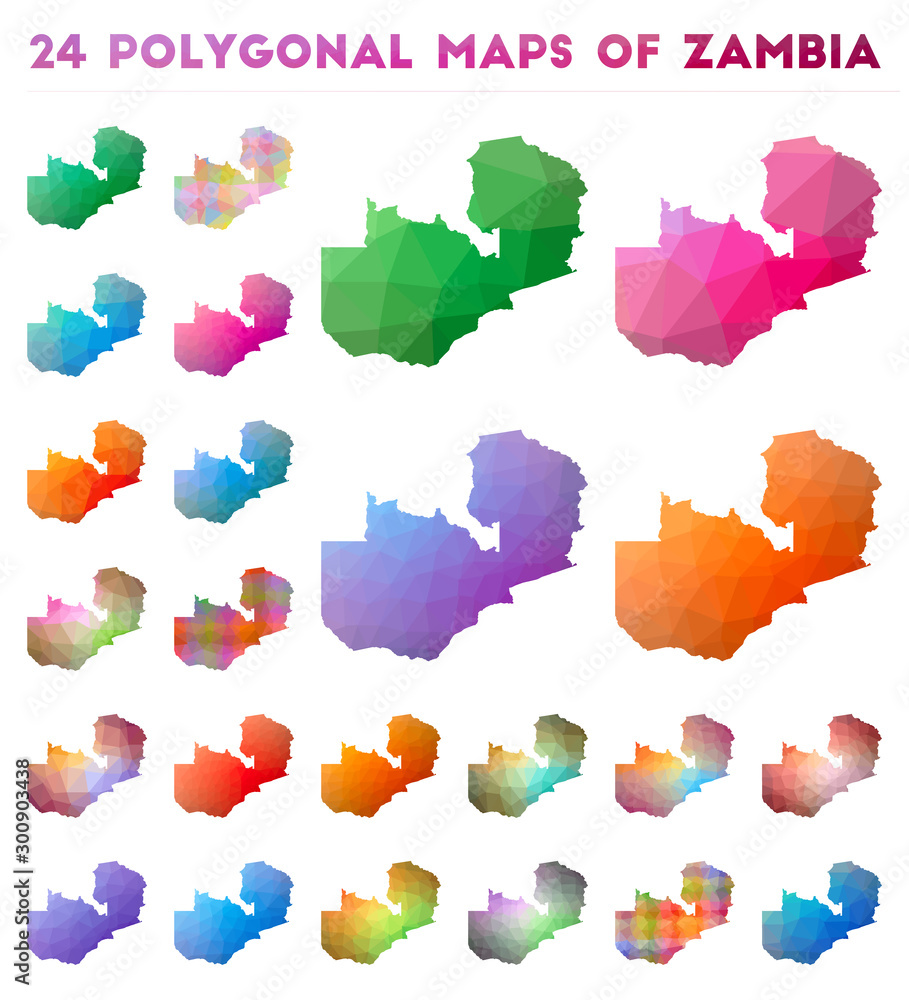 Poster set of vector polygonal maps of zambia. bright gradient map of the country in low poly style. multic