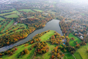 Aerial photo in autumn showing the beautiful autumn fall colours of a park in Leeds known as...