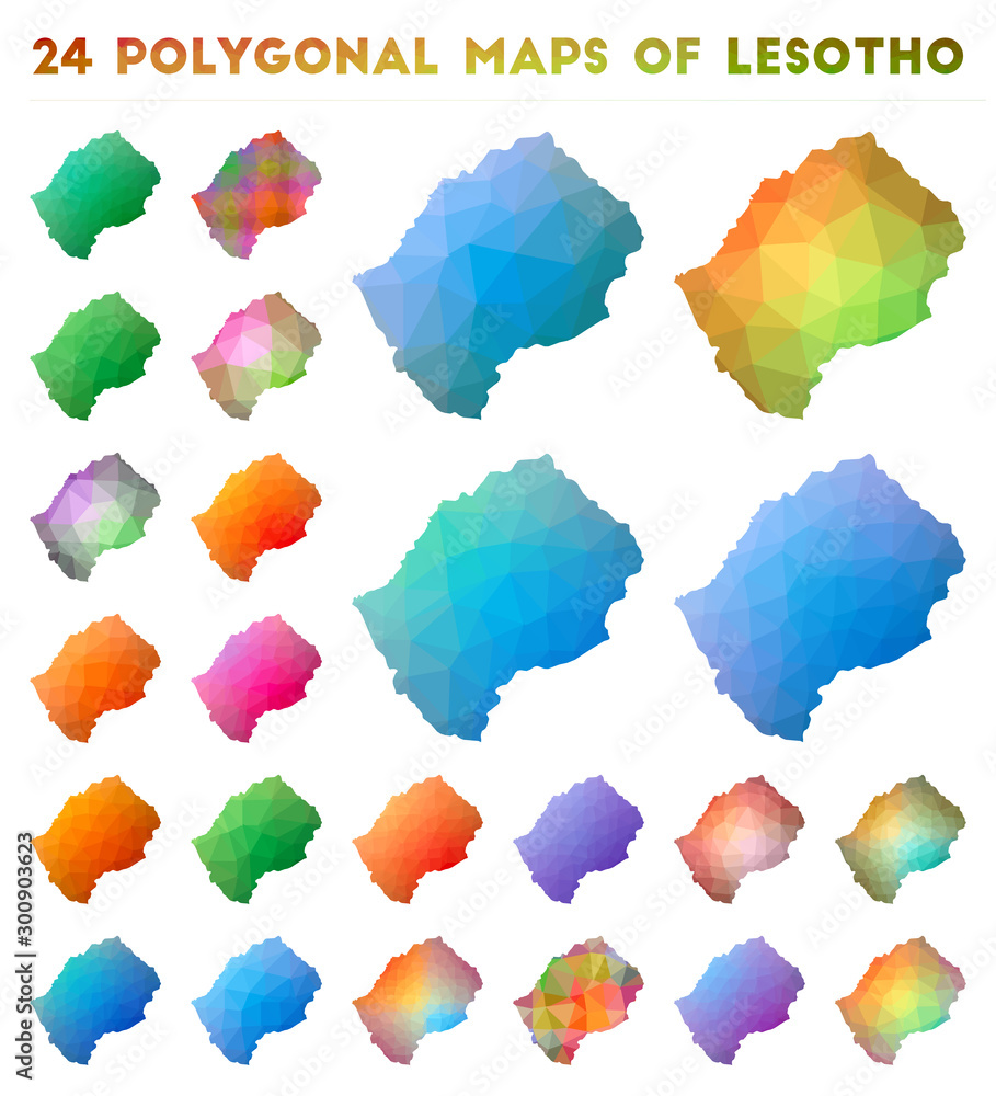 Poster set of vector polygonal maps of lesotho. bright gradient map of country in low poly style. multicolo