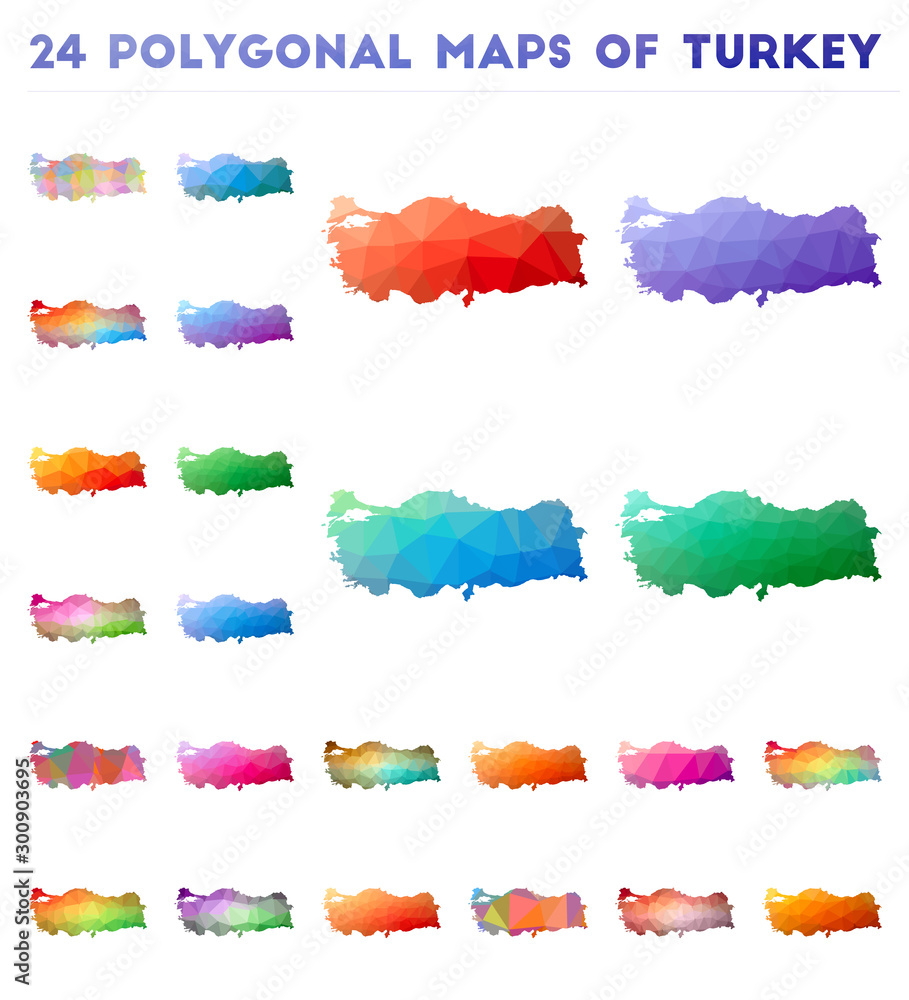 Poster set of vector polygonal maps of turkey. bright gradient map of country in low poly style. multicolor