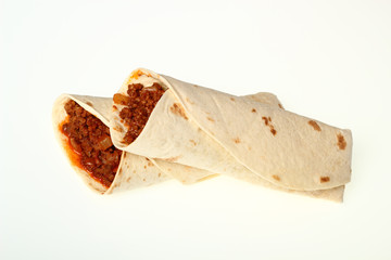 Beef tortilla with chili sauce. Enchilada.