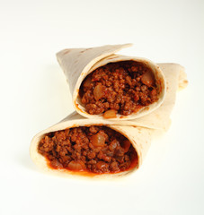 Beef tortilla with chili sauce. Enchilada.