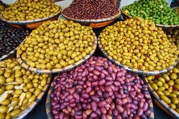 Green and black olives in the oriental market