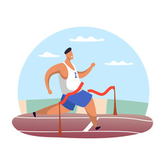 Running man at finish line or male at red ribbon
