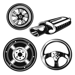 Set of car parts (wheel, flywheel, rudder, exhaust pipe) elements for creating your own badges, logos, labels, posters etc. Isolated on white.