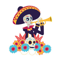 mariachi skull playing trumpet comic character