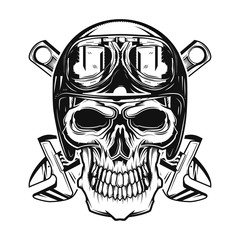 Isolated skull with a helmet and glasses on and wrenches on background.