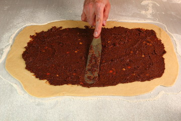 Spreading Filling. Making Poppy Seed Snail. Sweet Roll Bun.