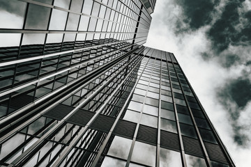 Glass surface of skyscrapers view in district of business centers.  black and white