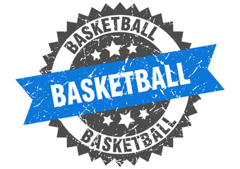 basketball grunge stamp with blue band. basketball