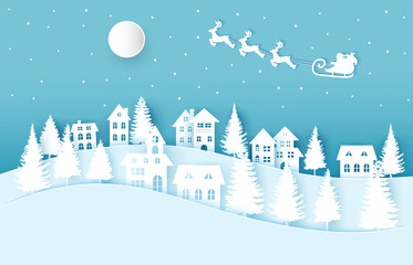 Winter landscape with houses and trees.Santa Claus on the sky in winter season.Merry Christmas and Happy New Year. paper art design.Vector EPS 10.