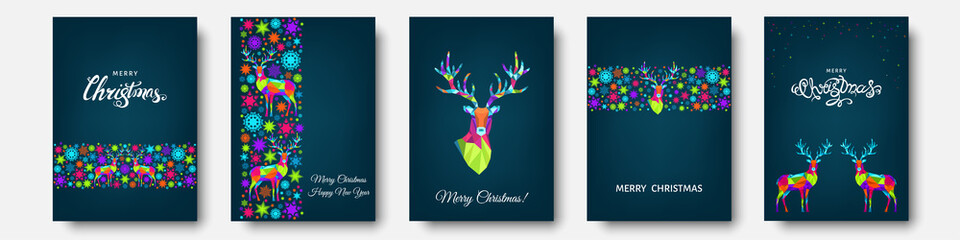 Colorful Christmas  reindeer and  snowflakes. © alenaohneva