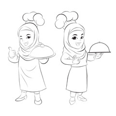 Woman Muslim Chef, Chef mascot. vector illustration isolated cartoon hand drawn line art