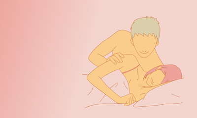 loving young couple hug together in bed. vector illustration isolated cartoon hand drawn