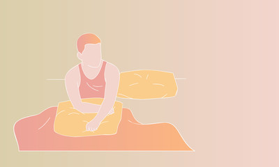 young man lonely in bed. alone concept. vector illustration isolated cartoon hand drawn