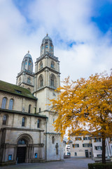 The towers of the Grossmunster in Zurich. Medieval cathedral