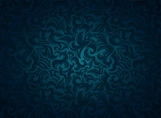 damask vintage dark cyan, blue background with floral elements in Gothic, Baroque style. Royal texture, vector Eps 10