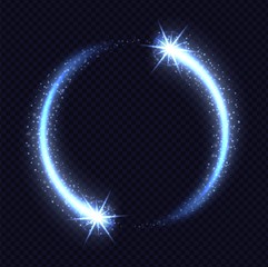 Magic blue circle light effect isolated on transparent background. Luminescent frozen stardust with bright bokeh and sparkles. Vector illustration.