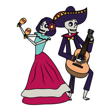 catrina and mariachi skulls playing maracas and guitar