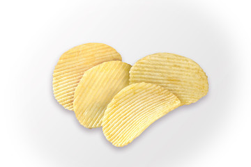 Potato slices turning into chips isolated, Crispy potato chips, salted chips, masala chips (wafers), namkeen, on white background, selective focus - Image