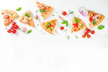 Fotobehang Pieces of cheese pizza Margarita with ingredients and herbs. White stone background top view © ricka_kinamoto