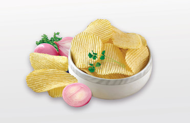 Potato slices turning into chips isolated, Crispy potato chips, salted, masala chips (wafers), With...