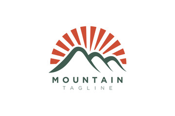 Illustration Vector Graphic of Mountain with Sun. Logo and Icon Perfect for Adventure, Travel, Climbing, Exploration, Camping, Tourism, etc.