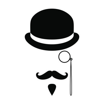 Person graphic icon. Man with moustaches, beard, monocle and bowler hat. Graphic sign isolated on white background. Vector illustration