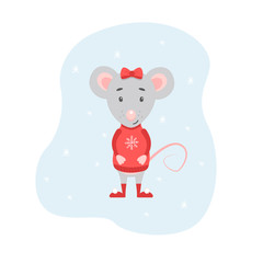 Christmas little mouse in red knitted sweater. Cute cartoon illustration for New Year postcard.